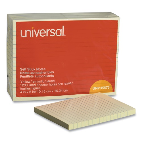 Office Jansan | Universal UNV35673 4 in. x 6 in. Lined Self-Stick Note Pads - Yellow (12/Pack) image number 0