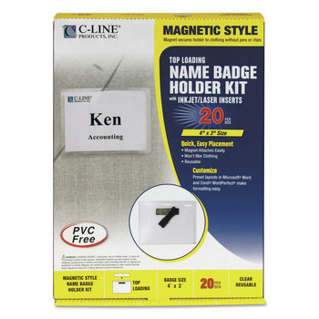 C-Line 4 in. x 3 in. Horizontal Magnetic Name Badge Holder Kit - Clear (20/Box)