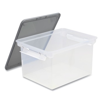 Storex 13.9 in. x 18.3 in. x 10.6 in. Legal/Letter Tote with Locking Handles - Clear/Silver (4/Carton)