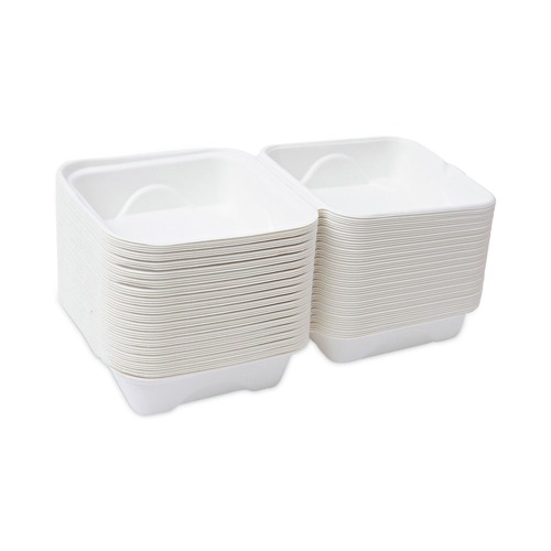 New Year New Savings! Save $25 off $150 | Eco-Products EP-HC6 6 in. x 6 in. x 3 in. Bagasse Hinged Sugarcane Clamshell Containers - White (500/Carton) image number 0