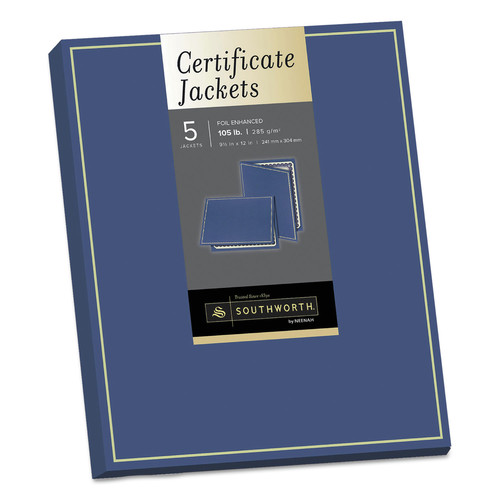 Bulk Savings Pricing 1 | Southworth PF6-02 12 in. x 9.5 in. 88 lbs. Felt Finish Stock Certificate Jacket - Navy/Gold Border (5/Pack) image number 0