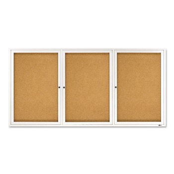 Quartet 72 in. x 36 in. Enclosed Indoor Cork Bulletin Board with 3 Hinged Doors - Tan Surface, Silver Aluminum Frame