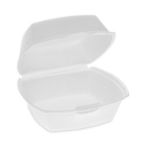  | Pactiv Corp. YTH100790000 5.13 in. x 5.13 in. x 2.5 in. Single Tab Lock Foam Hinged Lid Containers - White (500/Carton) image number 0