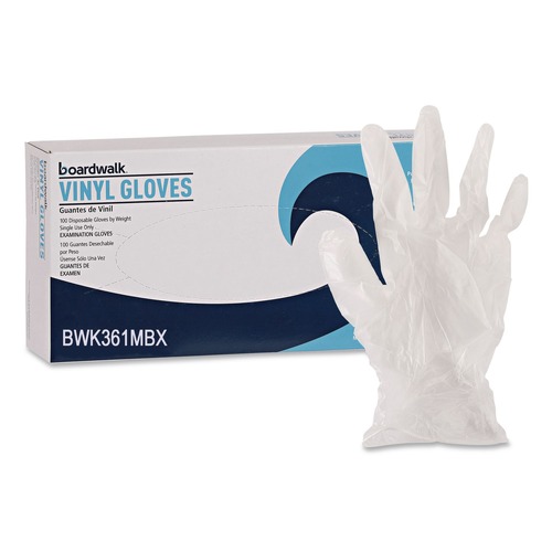 New Year New Savings! Save $25 off $150 | Boardwalk BWK361MBX 3.6 mil 9.5 in. Long Powder-Free Exam Vinyl Gloves - Medium, Clear (100/Box) image number 0