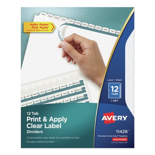 Office Jansan | Avery 11428 Index Maker 11 in. x 8.5 in. 12-Tab Print and Apply Clear Label Dividers - White/White Tabs (1-Set) image number 0