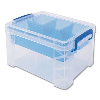 Advantus 37375 Super Stacker Divided Storage Box, 5 Sections, 7.5-in X 10.13-in X 6.5-in, Clear/blue