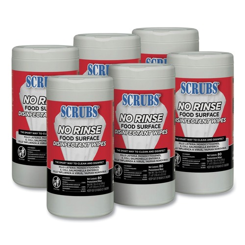 Cleaning & Janitorial Supplies | SCRUBS 97080 7 in. x 8 in. 1-Ply No Rinse Food Surface Disinfectant Wipes - Unscented, White (6/Carton) image number 0