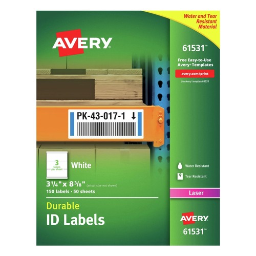 Office Jansan | Avery 61531 Durable 3.25 in. x 8.38 in. Permanent ID Labels with TrueBlock Technology - White (3/Sheet, 50-Sheet/Pack) image number 0