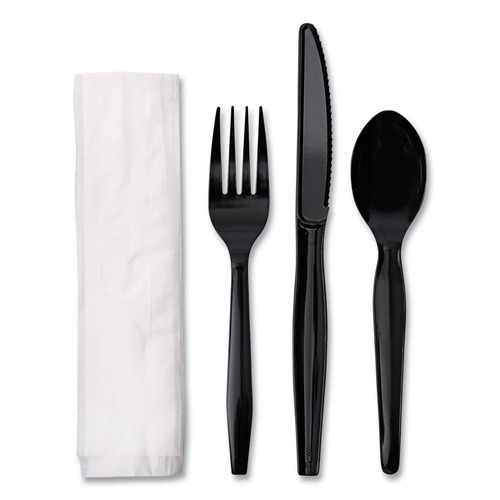Cutlery | Boardwalk BWKFKTNMWPSBLA Mediumweight Fork/Knife/Napkin/Spoon 4-Piece Plastic Cutlery Kit - Black (250/Carton) image number 0