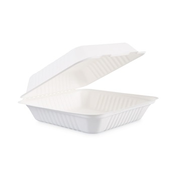 Boardwalk HL-91BW 1 Compartment 9 in. x 9 in. x 3.19 in. Bagasse Food Containers Hinged-Lid - White (200 Sleeves/Carton)