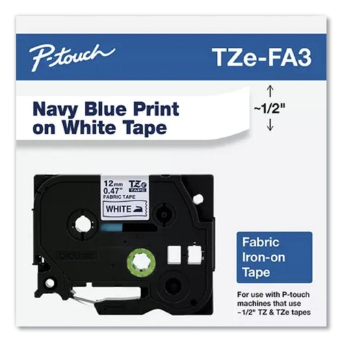 Bulk Savings Pricing 2 | Brother P-Touch TZEFA3 0.47 in. x 9.8 ft. TZ Industrial Series Fabric Iron-On Tape - Navy on White image number 0