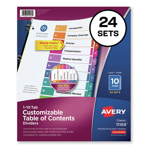 Office Jansan | Avery 11169 11 x 8.5 Customizable TOC Ready Uncollated Index Multicolor 10-Tab Dividers - White (24/Box) image number 0