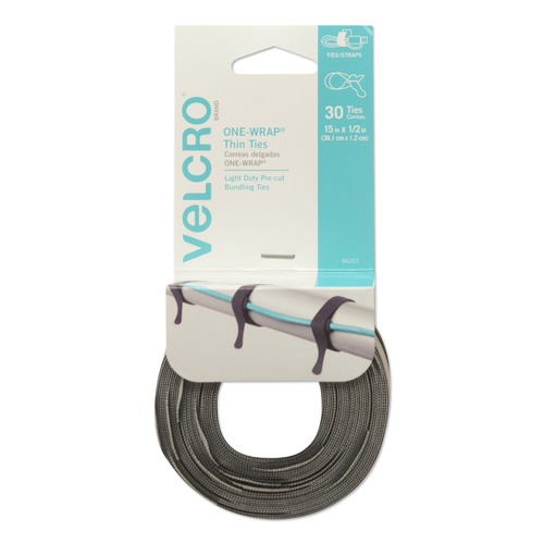 Office & Office Supplies | Velcro 94257 ONE-WRAP 0.5 in. x 15 in. Pre-Cut Thin Ties - Black/Gray (30/Pack) image number 0