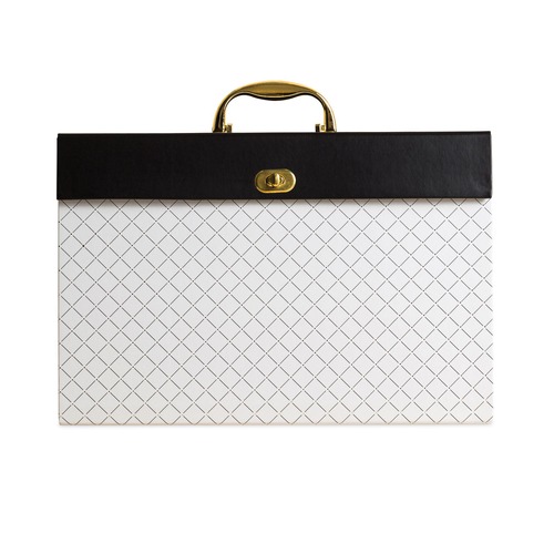 Office Jansan | U Brands 2201U02-06 2/5-Cut Tabs 5.25 in. Expansion Letter Size 19 Sections Twist-Lock Latch Closure Expanding File Box - White/Black/Gold image number 0