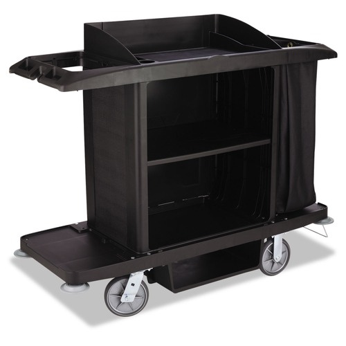 Office Jansan | Rubbermaid Commercial FG618900BLA 22 in. x 60 in. x 50 in. 2 Bins 3 Shelves Plastic Housekeeping Cart - Black image number 0