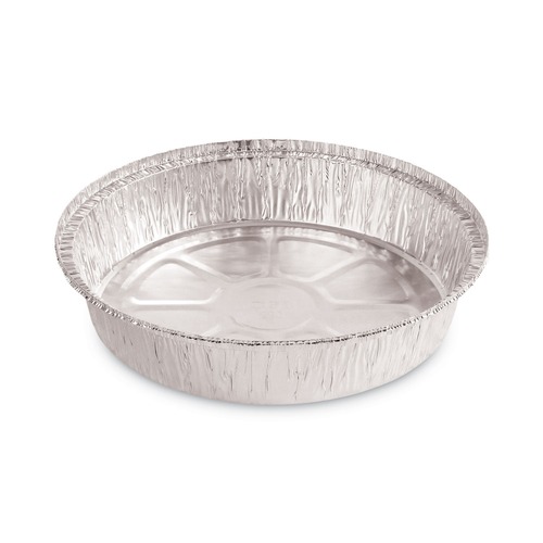 Food Service | Boardwalk BWKROUND9 48 oz. 9 in. Diameter x 1.66 in. Round Aluminum To-Go Containers - Silver (500/Carton) image number 0