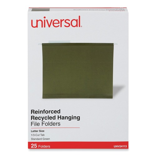  | Universal UNV24113 1/3 Cut Tab Letter Size Deluxe Reinforced Recycled Hanging File Folders - Standard Green (25/Box) image number 0