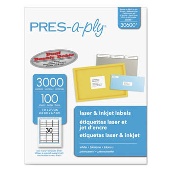 PRES-a-ply 1 in. x 2.63 in. Laser Printer Labels - White (30/Sheet, 100 Sheets/Box)