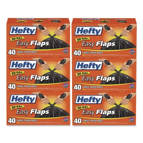 Trash Bags | Hefty E27744 30 in. x 33 in. 30-Gallon 0.85 mil Easy Flaps Trash Bags - Black (40/Box, 6 Boxes/Carton) image number 0