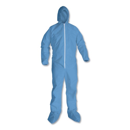 Bib Overalls | KleenGuard 45357 A65 Zipper Front Hood and Boot Flame-Resistant Coveralls with Elastic Wrist and Ankles - Quadruple Extra Large/Blue (21/Carton) image number 0