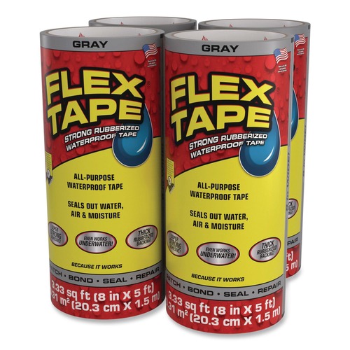 Adhesives & Glues | Flex Seal Products TFSGRYR0805 Flex Tape 8 in. x 5 ft. 39 mil Thick 4 in. Core Strong Rubberized Waterproof Tape - Gray (4/Carton) image number 0