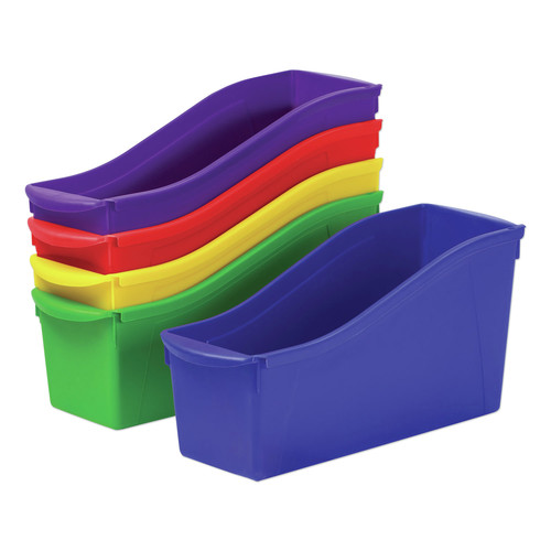 Office Jansan | Storex 70105U06C 4.75 in. x 12.63 in. x 7 in. Interlocking Book Bins with Clear Label Pouches - Assorted Colors (5/Pack) image number 0