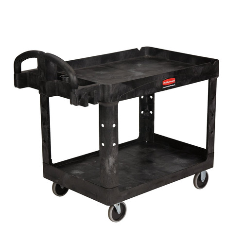 Utility Carts | Rubbermaid Commercial FG452088BLA Heavy-Duty 2-Shelf 750 lbs. Capacity 25-1/4 in. x 44 in. x 39 in. Utility Cart - Black image number 0