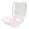 Food Service | Plastifar 12094 9 in. x 9 in. x 3 in. Secure Two Tab Latch Poly Bag 3 Compartments Foam Hinged Lid Container - White (200/Carton) image number 1