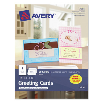 Avery 85 lbs. 5.5 in. x 8.5 in. Half-Fold Greeting Cards with Matching Envelopes for Inkjet Printers - Matte White (1 Card/Sheet, 20 Sheets/Box)