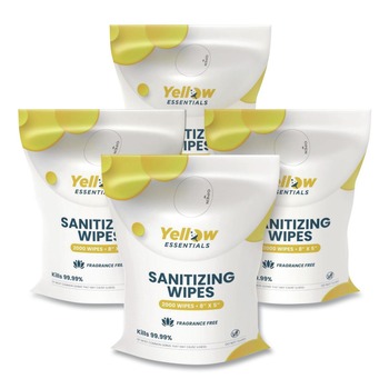 Gritt Commercial YE00120004PK Yellow Essentials Sanitizing Wipes, 5 x 8, Unscented, White, 2,000/Refill Bag, 4 Refill Bags/Carton