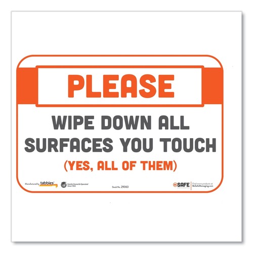 Floor Signs | Tabbies 29163 BeSafe 9 in. x 6 in. Please Wipe Down All Surfaces You Touch Messaging Repositionable Wall/Door Signs - White (30/Carton) image number 0