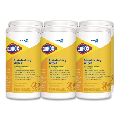 Disinfectants | Clorox 15948 7 in. x 8 in. 1-Ply Disinfecting Wipes - Lemon Fresh, White (75/Canister, 6/Carton) image number 0