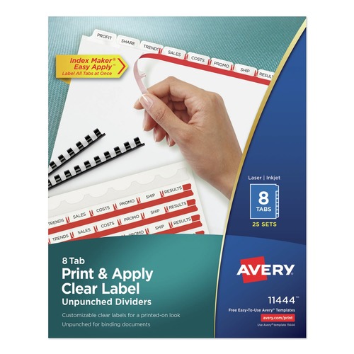 Office Jansan | Avery 11444 Index Maker 11 in. x 8.5 in. 8-Tab Print and Apply Clear Label Unpunched Dividers - White/White Tabs (25/Box) image number 0