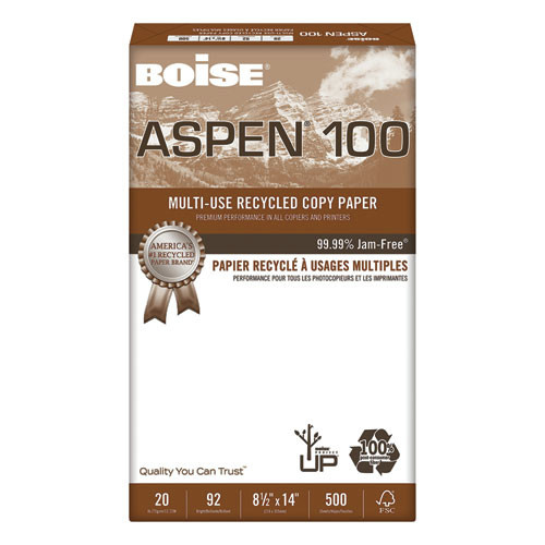  | Boise 054924 Aspen 100 92 Bright 8.5 in. x 14 in. Multi-Use Recycled Copy Paper - White (500 Sheets/Ream, 10 Reams/Carton) image number 0
