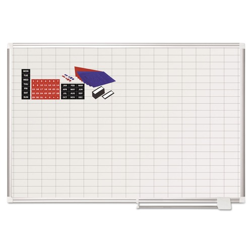  | MasterVision MA0592830A 1 in. x 2 in. Grid 48 in. x 36 in. Aluminum Lacquered Steel Magnetic Dry Erase Planning Board with Accessories - White/Silver image number 0