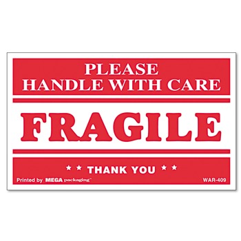 Universal 3 in. x 5 in. Printed Message FRAGILE Handle with Care Self-Adhesive Shipping Labels - Red/Clear (1-Roll)