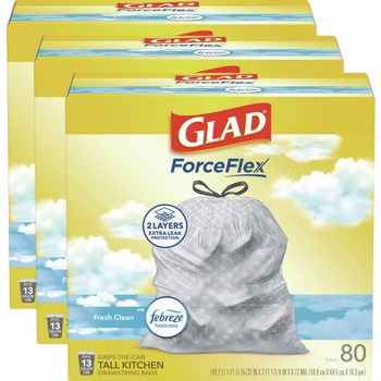 Glad ForceFlex 24 in. x 27.38 in. 13 Gallon Kitchen Drawstring Trash Bags - Fresh Clean Scent/White (240/Carton)