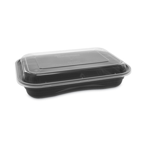 Food Trays, Containers, and Lids | Pactiv Corp. NV2GRT2786B 8.4 in. x 5.6 in. x 1.4 in. 27 oz. EarthChoice Versa2Go Plastic Microwaveable Container - Black/Clear (150/Carton) image number 0