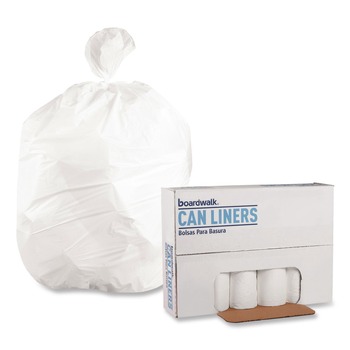 Boardwalk 10 Gallon 0.4 mil 24 in. x 23 in. Perforated Roll Low-Density Waste Can Liners - White (25 Bags/Roll, 20 Rolls/Carton)
