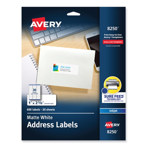 Mothers Day Sale! Save an Extra 10% off your order | Avery 08250 1 in. x 2.63 in. Vibrant Inkjet Color-Print Labels with Sure Feed - Matte White (600/PK) image number 0