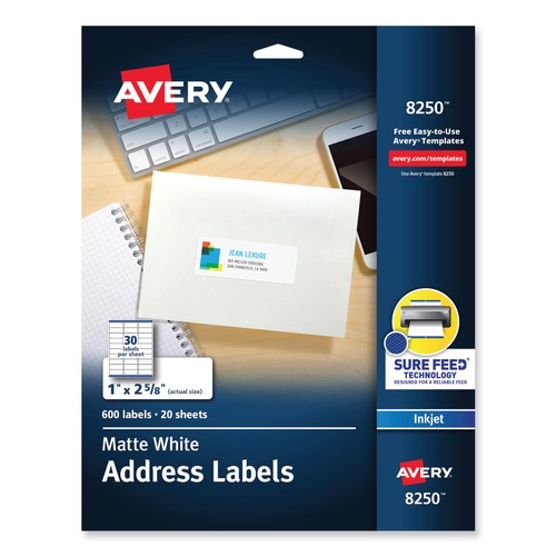 Office Jansan | Avery 08250 1 in. x 2.63 in. Vibrant Inkjet Color-Print Labels with Sure Feed - Matte White (600/Pack) image number 0