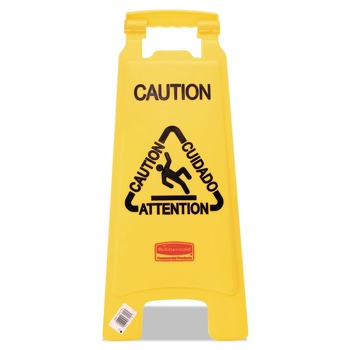 Rubbermaid Commercial 11 in. x 12 in. x 25 in. Multilingual "Caution" Floor Sign - Bright Yellow