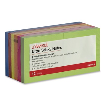 Universal 3 in. x 3 in. Ultra Sticky Note Pads - Assorted (12/Pack)