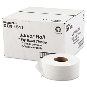 GEN 3.3 in. x 1200 ft. 1-Ply JRT Septic Safe Jumbo Bath Tissue - White (12/Carton)