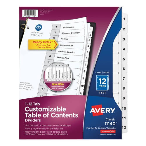Office Jansan | Avery 11140 Ready Index 11 in. x 8.5 in. 12-Tab Customizable TOC 1 to 12 Tab Dividers - Black/White (1-Set) image number 0