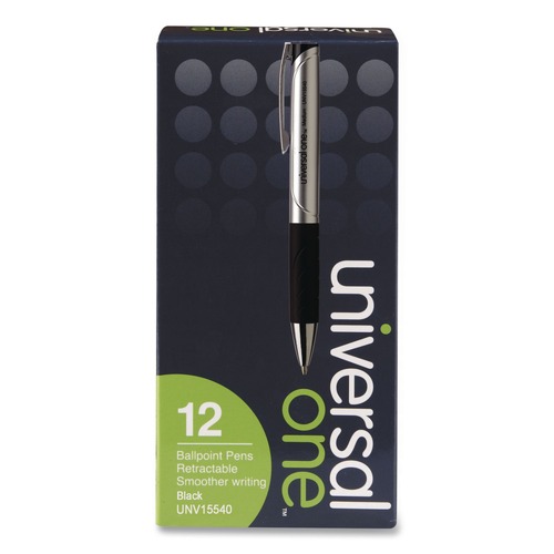 Office Jansan | Universal UNV15540 1 mm Comfort Grip Retractable Ballpoint Pen - Medium, Black (1 Dozen) image number 0
