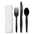 Cutlery | Boardwalk BWKFKTNMWPSBLA Mediumweight Fork/Knife/Napkin/Spoon 4-Piece Plastic Cutlery Kit - Black (250/Carton) image number 0