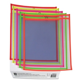 C-Line Super Heavy-Duty Top Load 9 in. x 12 in. Insert Neon Stitched Shop Ticket Holders - Clear Front, Assorted Neon Border Colors (25/Box)