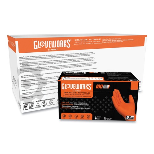 Disposable Gloves | Ammex GWON44100 8 mil Heavy-Duty Industrial Powder-Free Nitrile Gloves - Medium, Orange (1000/Carton) image number 0