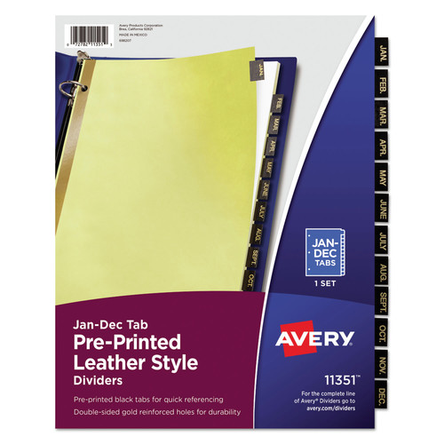 Office Jansan | Avery 11351 11 in. x 8.5 in. 12-Tab Jan. to Dec. Preprinted Black Leather Tab Dividers w/Gold Reinforced Edge - Buff (1-Set) image number 0